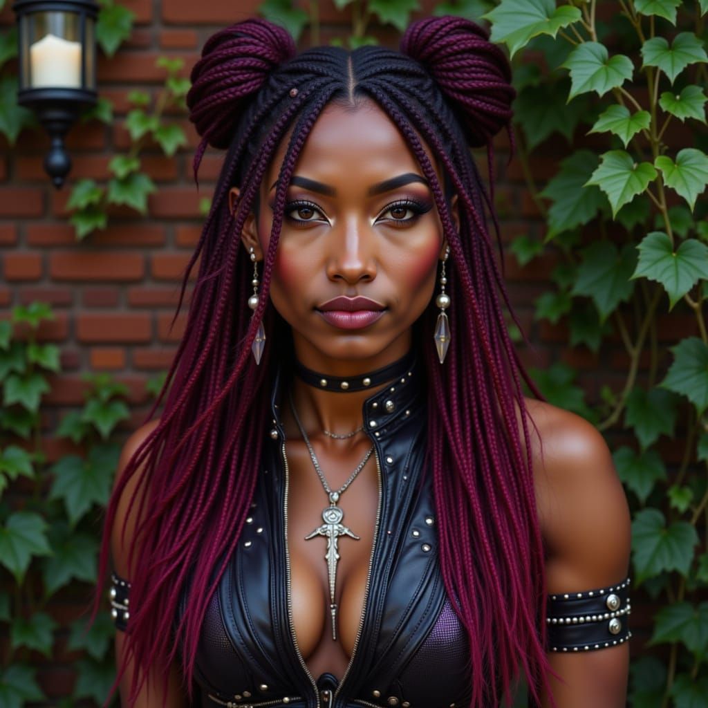Androgynous Figure in Lush Garden with Cherry Cola Braids
