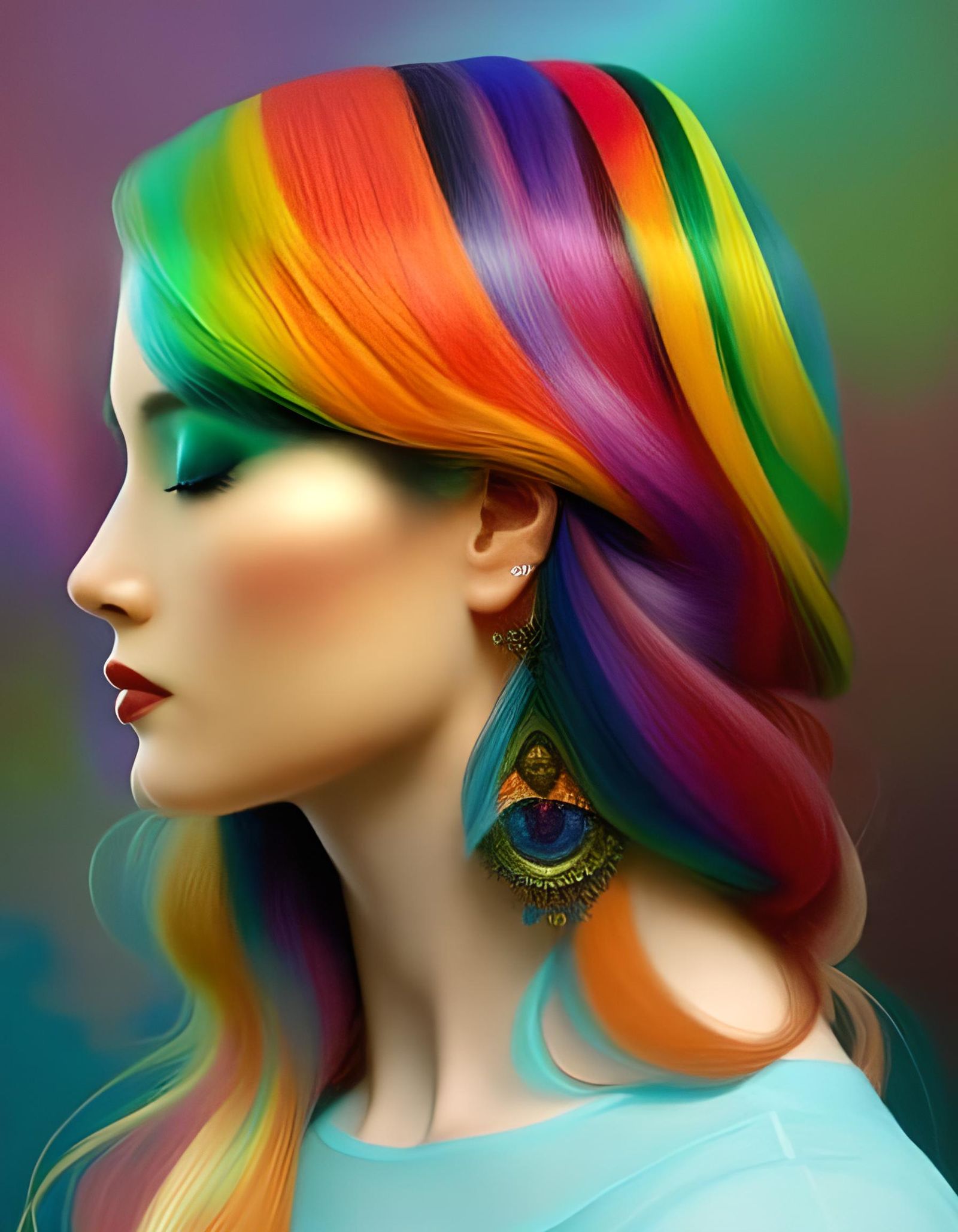 Rainbow Hair Woman-Cat Portrait in Ghibli Style