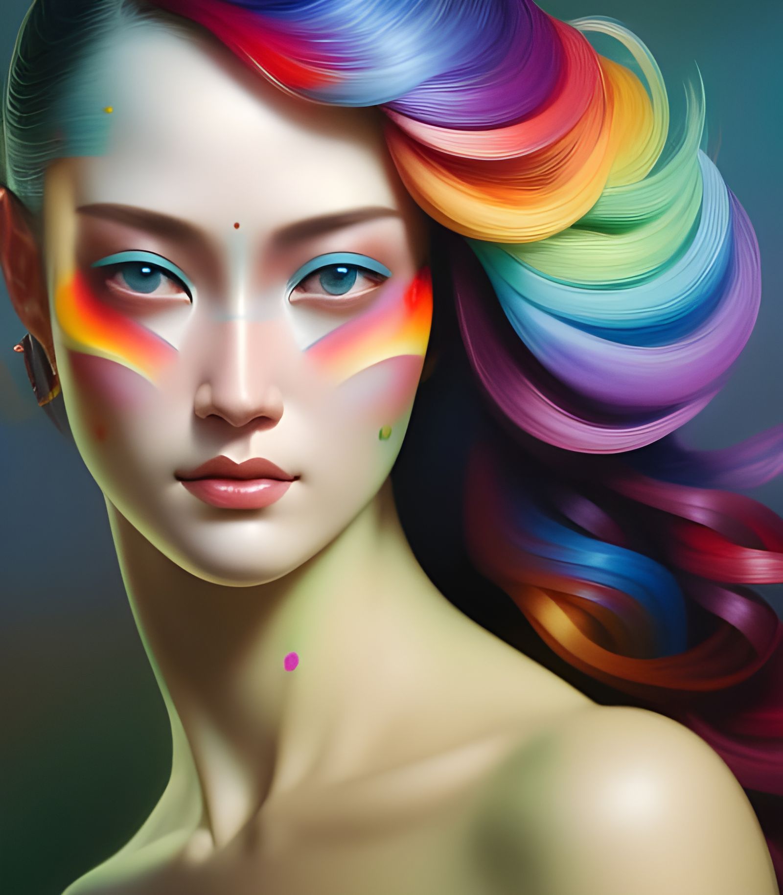 Rainbow Woman-Cat Portrait in Ghibli Style