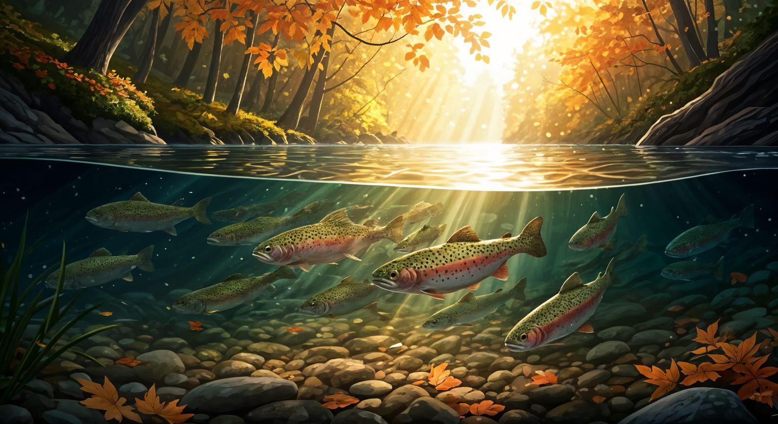 Rainbow Trout School in Autumn Swedish Forest Stream