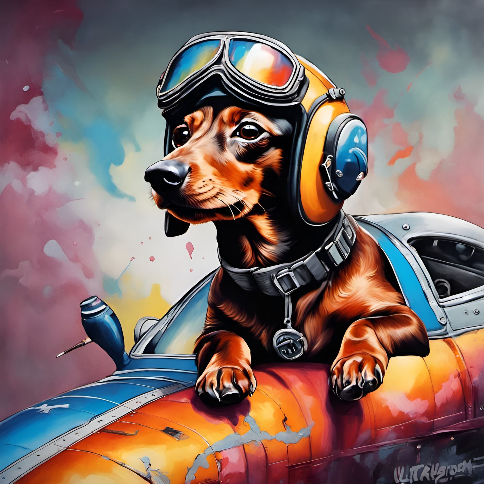 Dachshund Top Gun Pilot in Graffiti Art Style