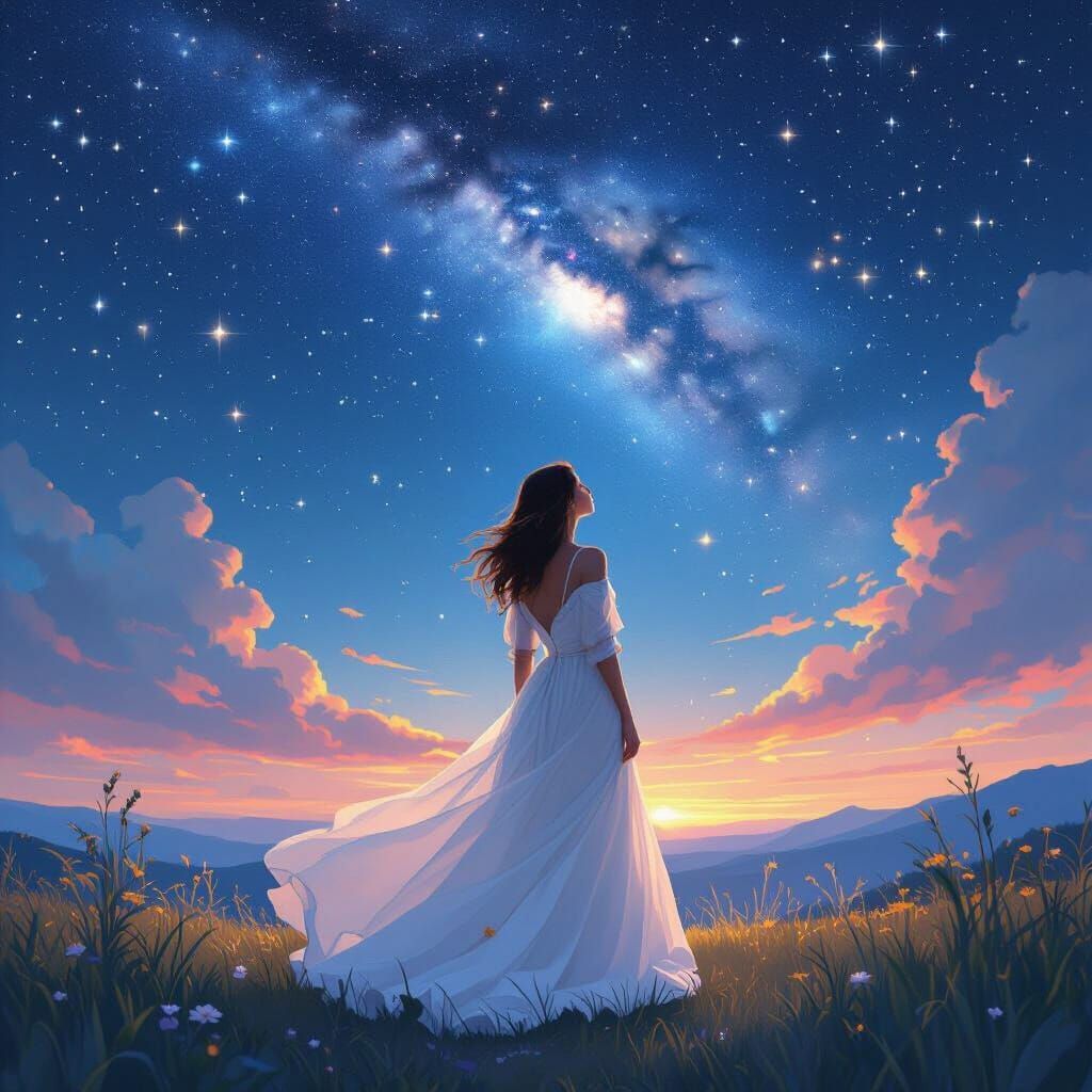 Woman Gazing at Starry Sky in Ethereal Digital Art