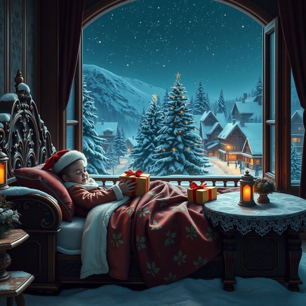 Cozy Christmas Scene: Snowy Village and Serene Slumber