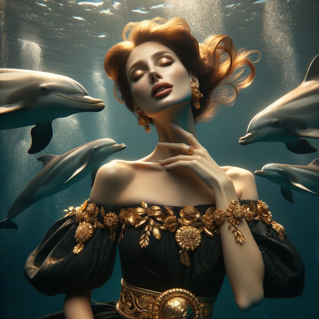Woman in Black Dress with Golden Dolphins Underwater