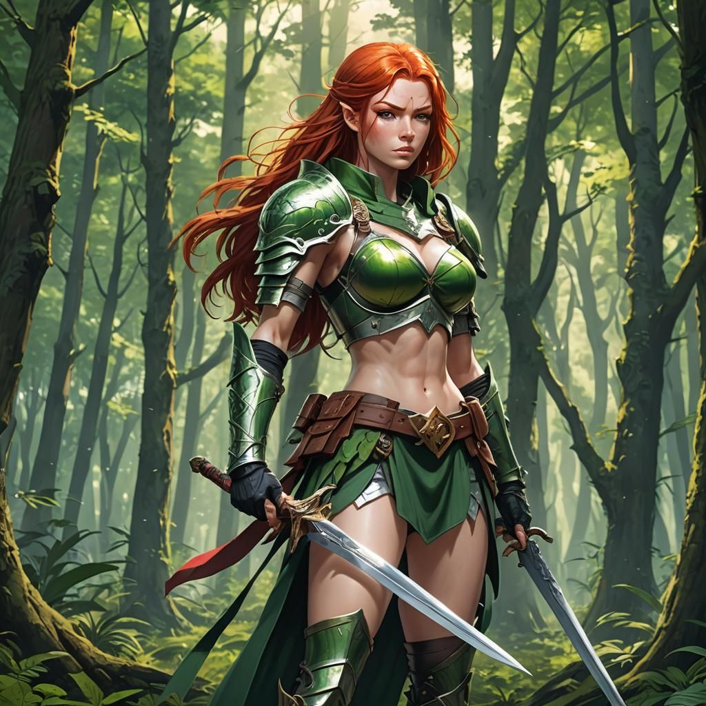 Redheaded Warrior Woman in Forest, Anime Style
