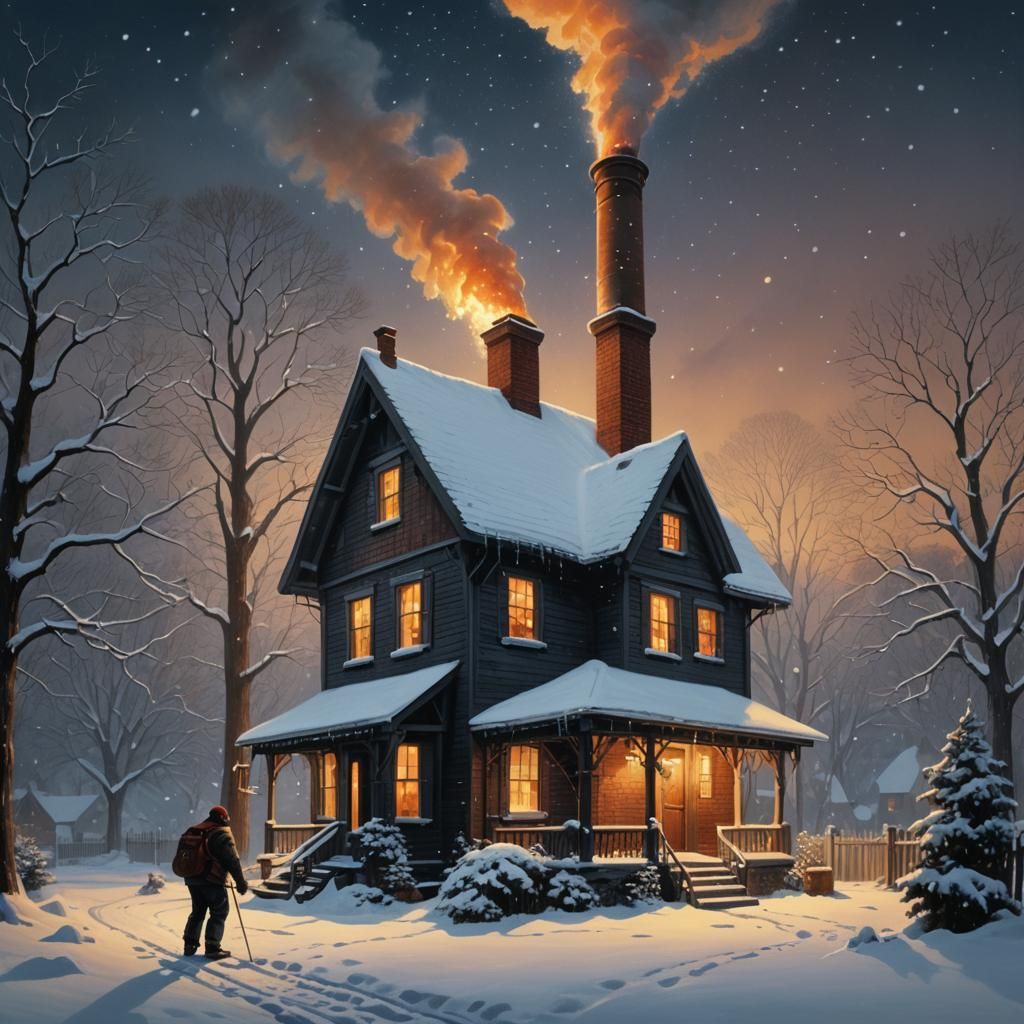 Snowy House with Chimney in Winter Night Scene