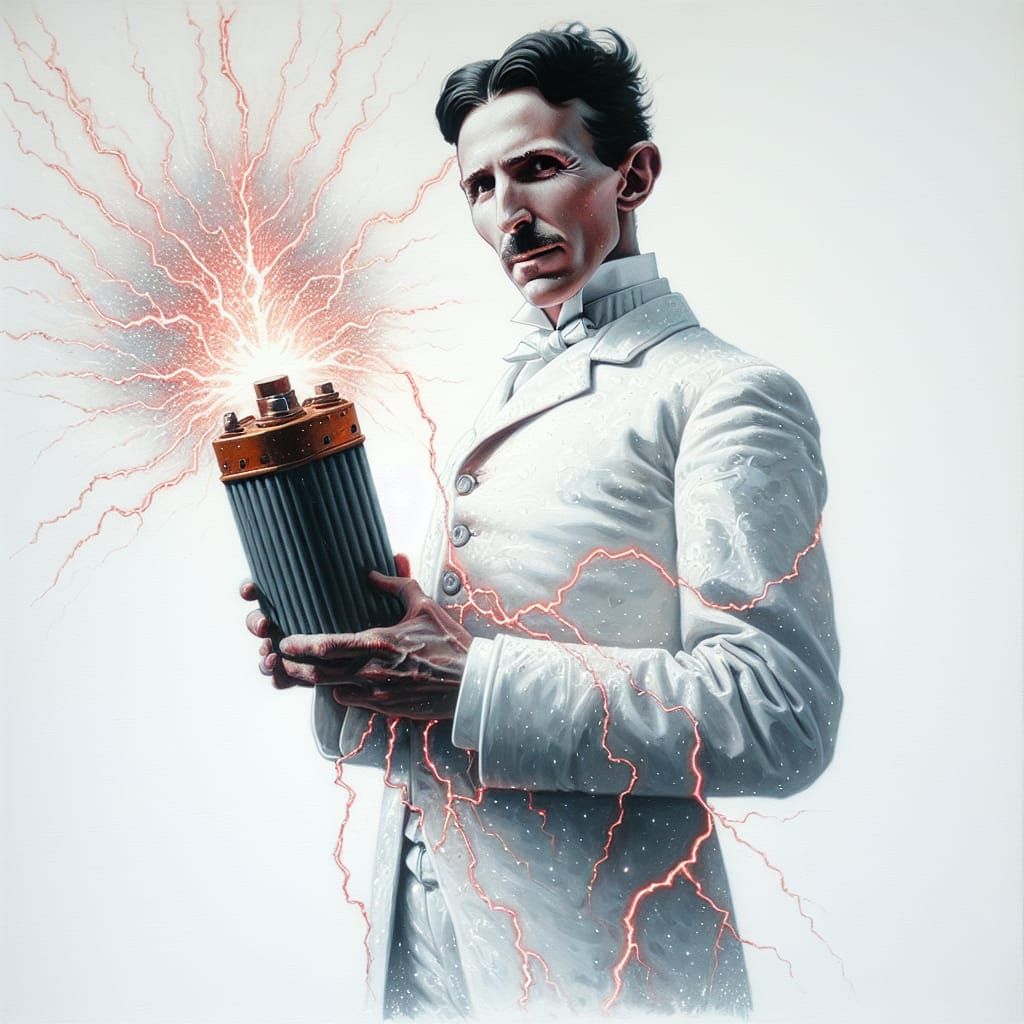 Nikola Tesla Gouache Painting with Battery