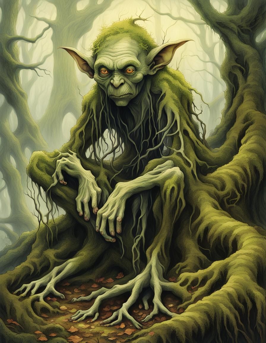Mystical Goblin in Misty Woodland Illustration