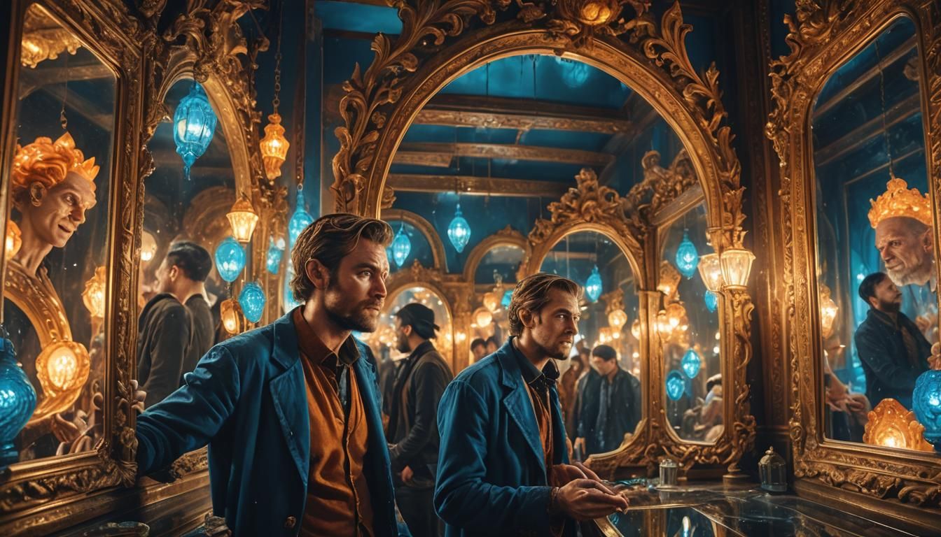 Man's Reflections in Mystical Chamber, Digital Art