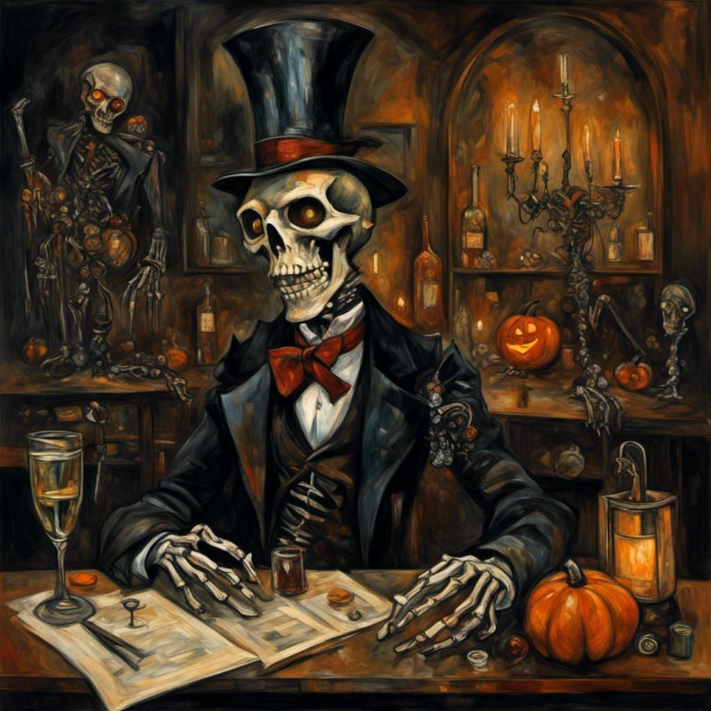 Steampunk Skeleton Celebrates with Champagne