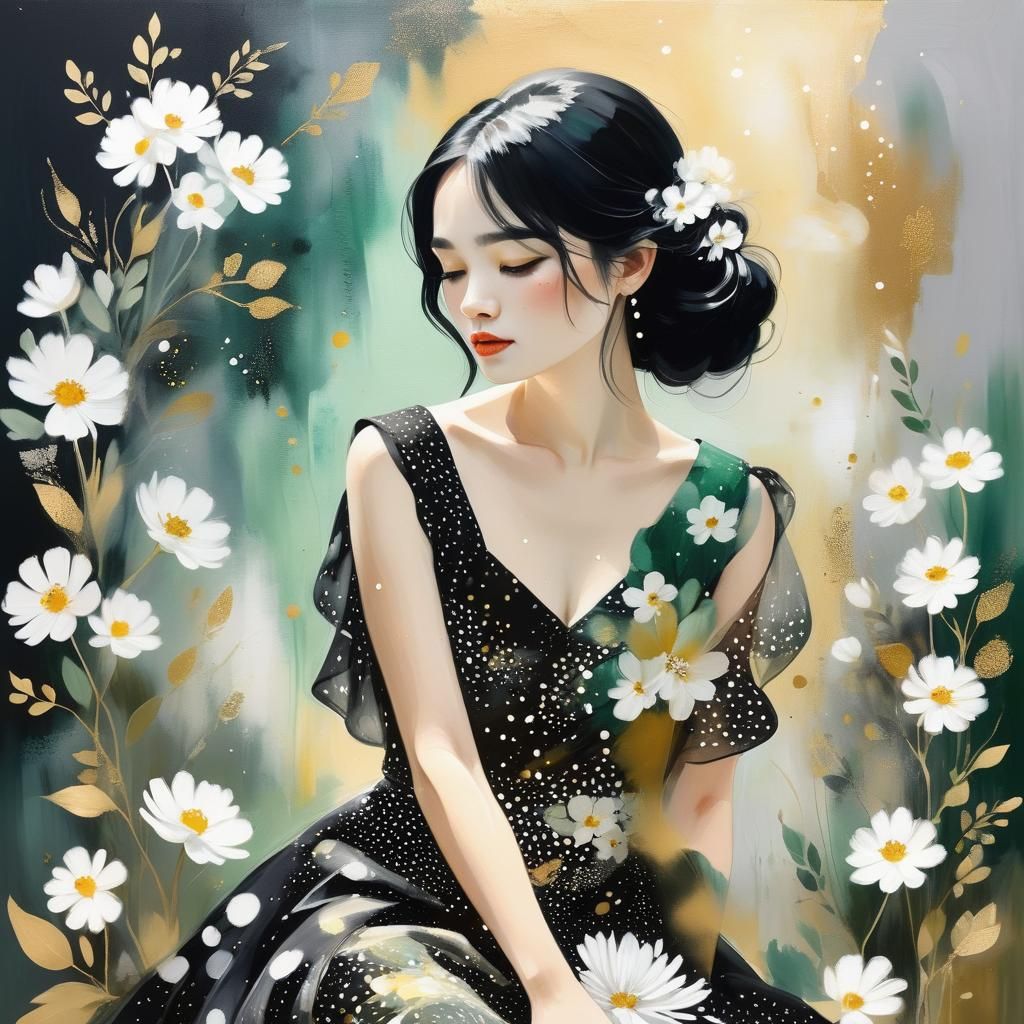 Girl in Black Dress: Watercolour Painting