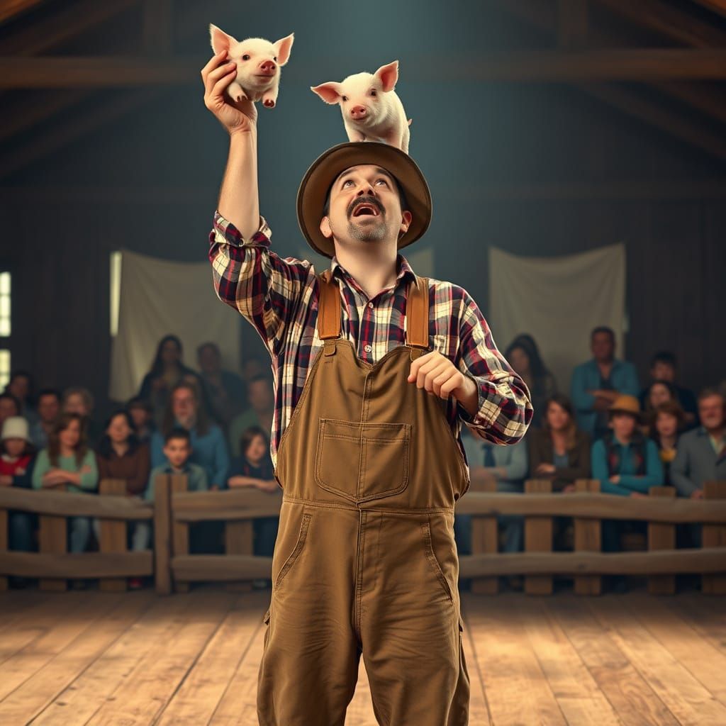 Man Juggling Piglets on Stage, Rustic Realism