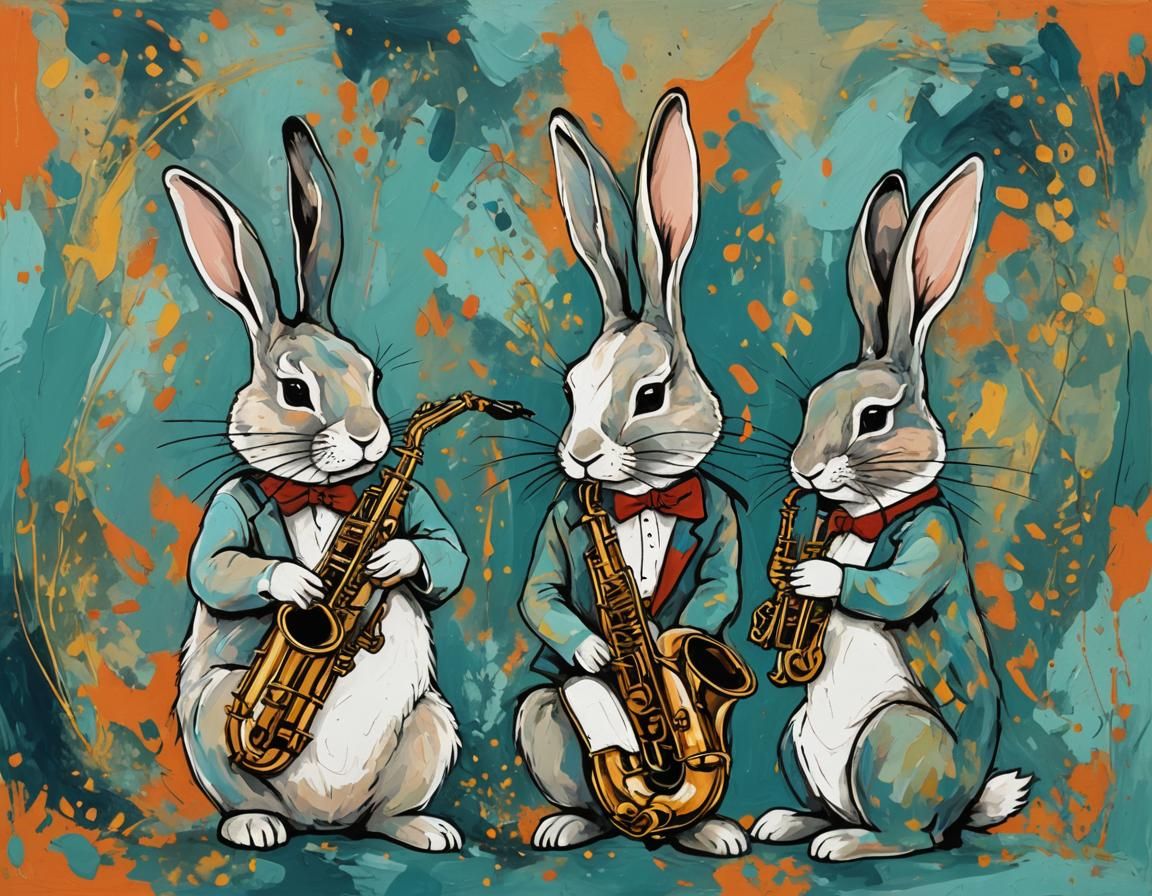 Bunnies Playing Saxophone in Abstract Art Style