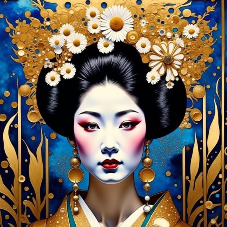 Golden Geisha with Daisies in Neo-Impressionist Style