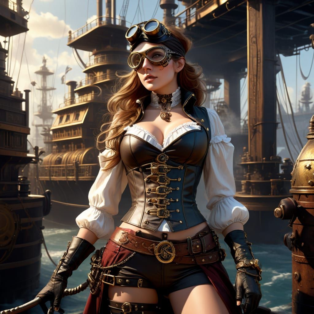 Steampunk Pirate Captain in Victorian Harbor