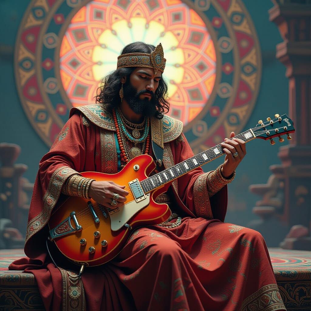 Etruscan Musician Plays Electric Guitar on Psychedelic Stage
