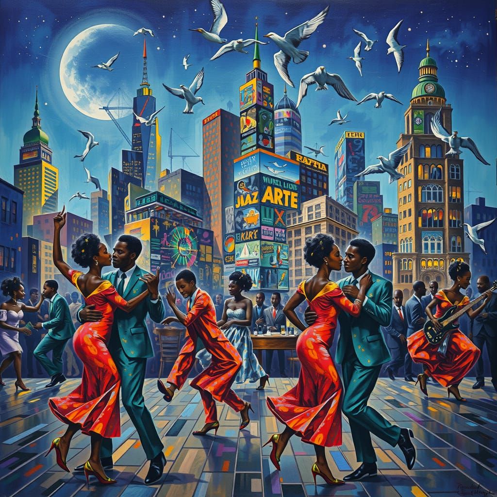 Cubist Urban Explosion: Dancing Couples Under Moonlight
