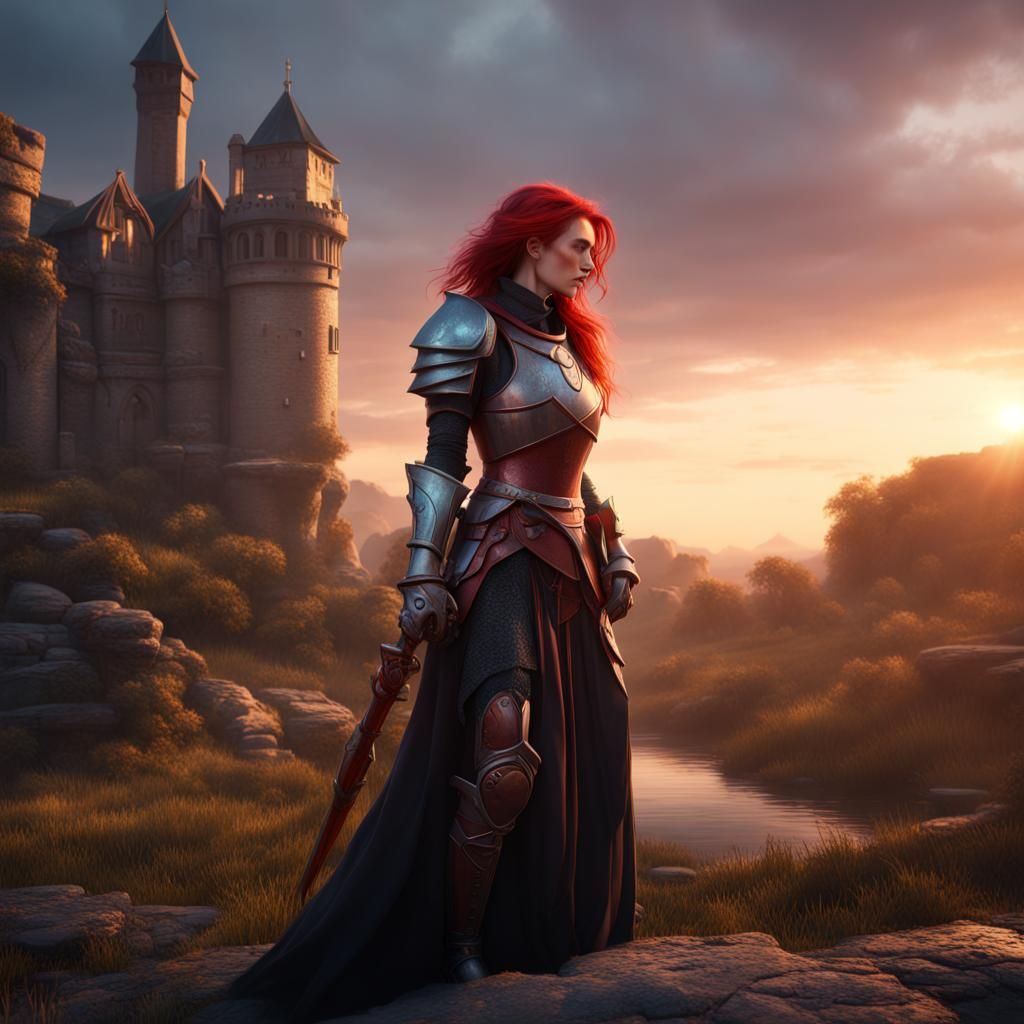 Fantasy Knight and Mage at Sunrise, Digital Art