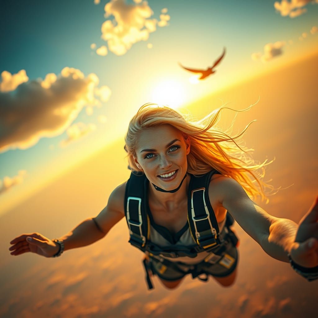 A beautiful woman with blonde hair and blue eyes parachuting, medium descent, realistic style, realistic, cinematic styl...
