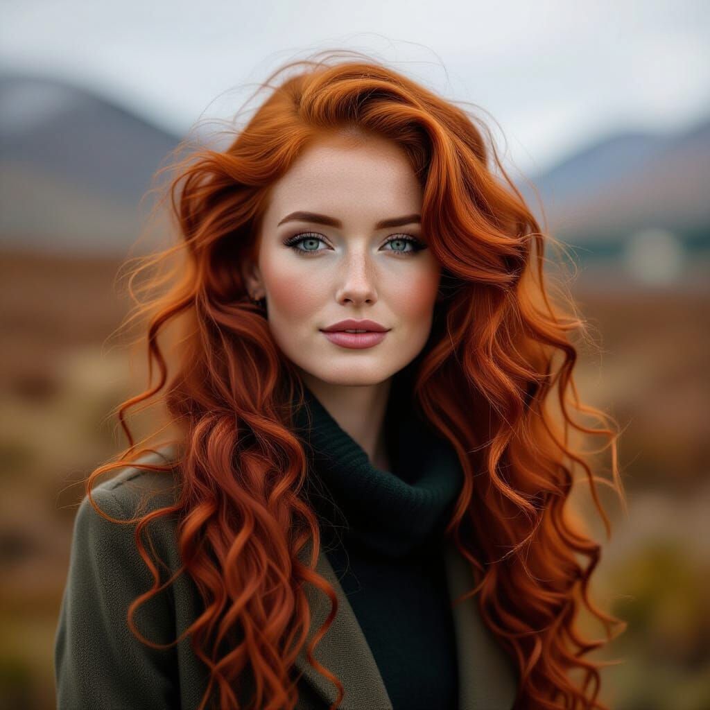 Beautiful Scotland Woman with Striking Red Curly Hair