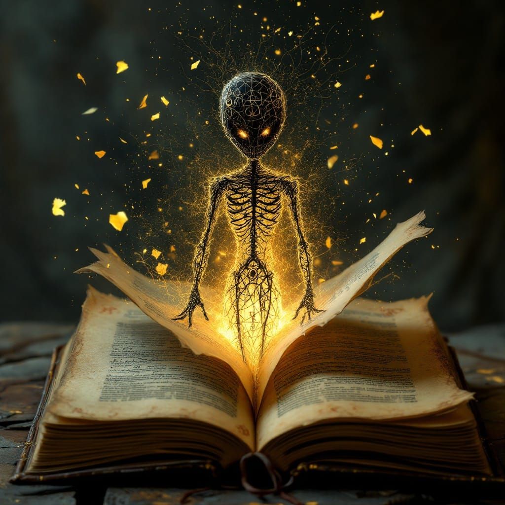 Dark Stick-Figure Emerges from Ancient Leather-Bound Book in...