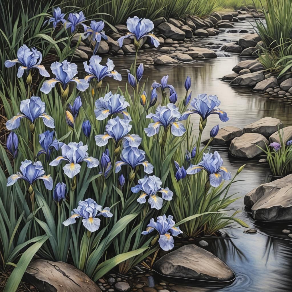 Hyperdetailed Charcoal Drawing of Blue Iris Flowers