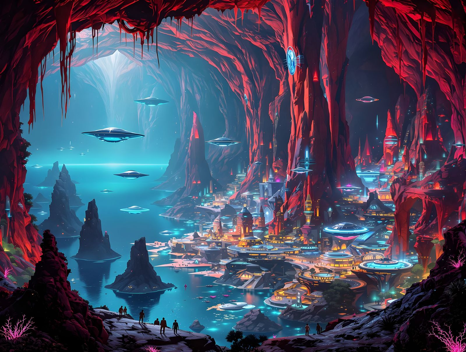 Futuristic Underground Martian City with Bioluminescent Ocea...