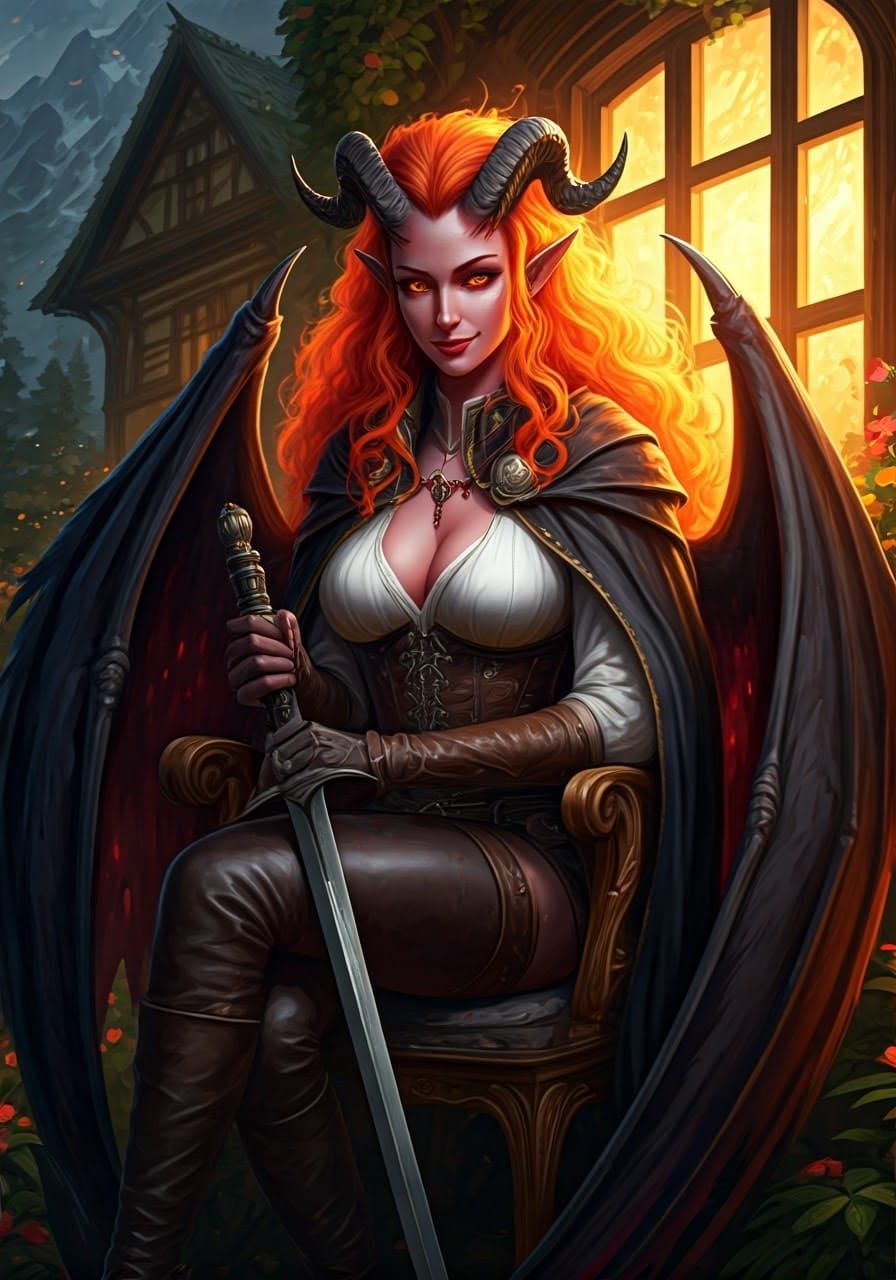 Cyberpunk-Inspired Demoness in Art Nouveau Style