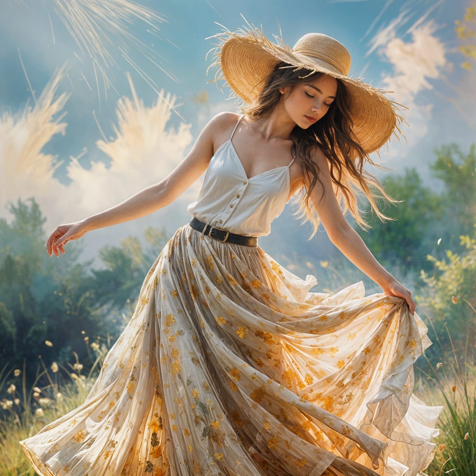 Ethereal Summer Goddess in a Flowing Skirt