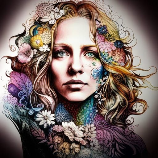 Detailed Ink Drawing of Flower Meadow with Clouds