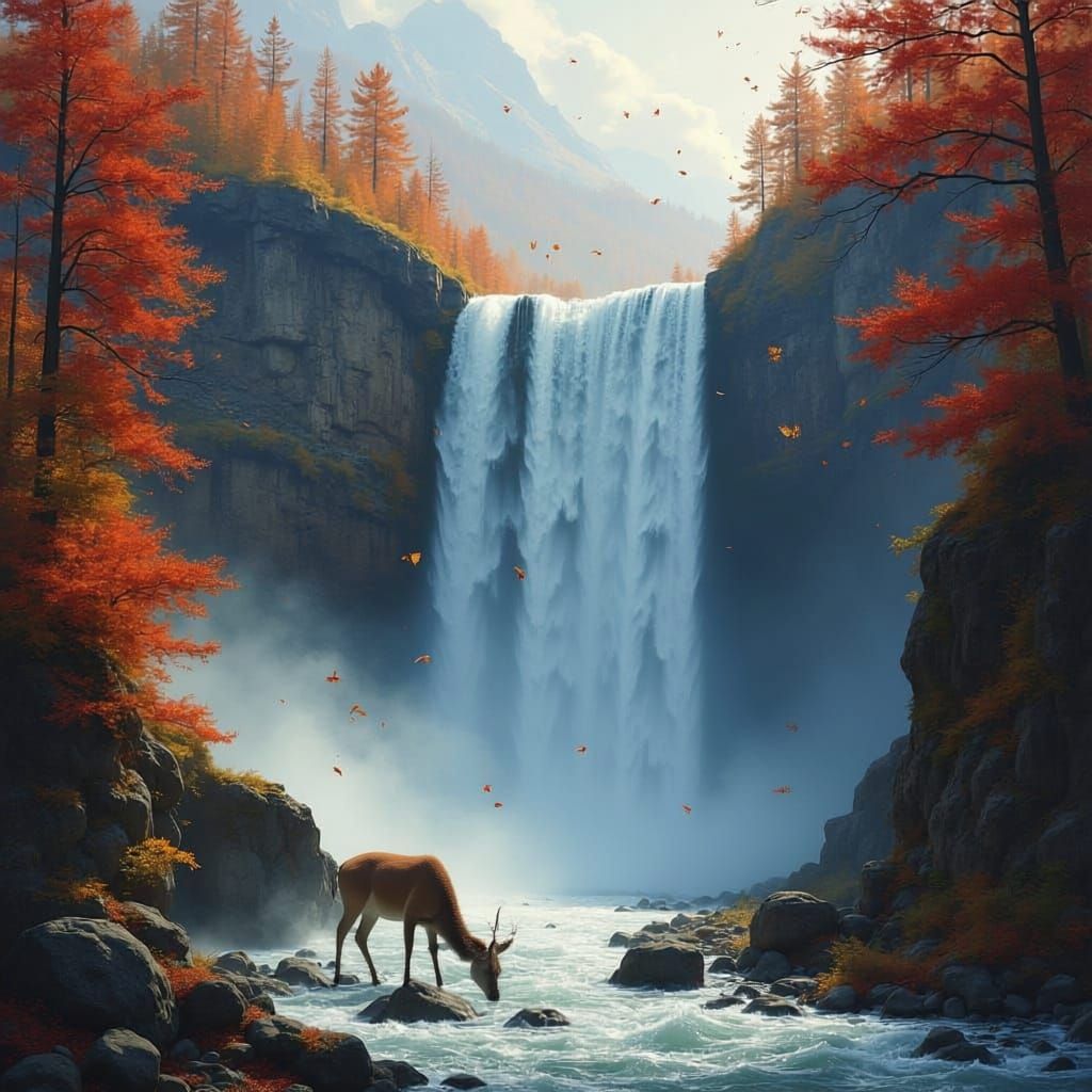 Majestic Waterfall With Autumn Trees And Deer