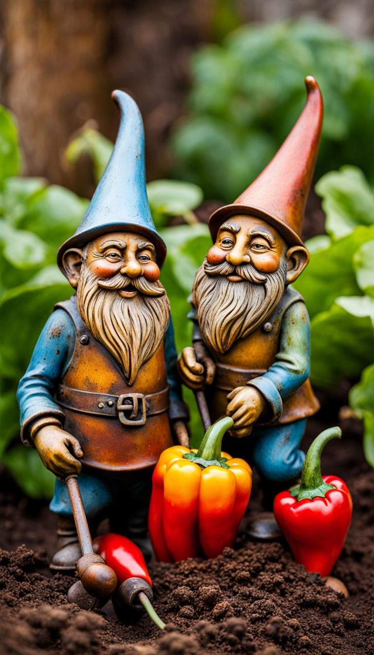 Metal Toy Gnomes Harvest Peppers in Garden