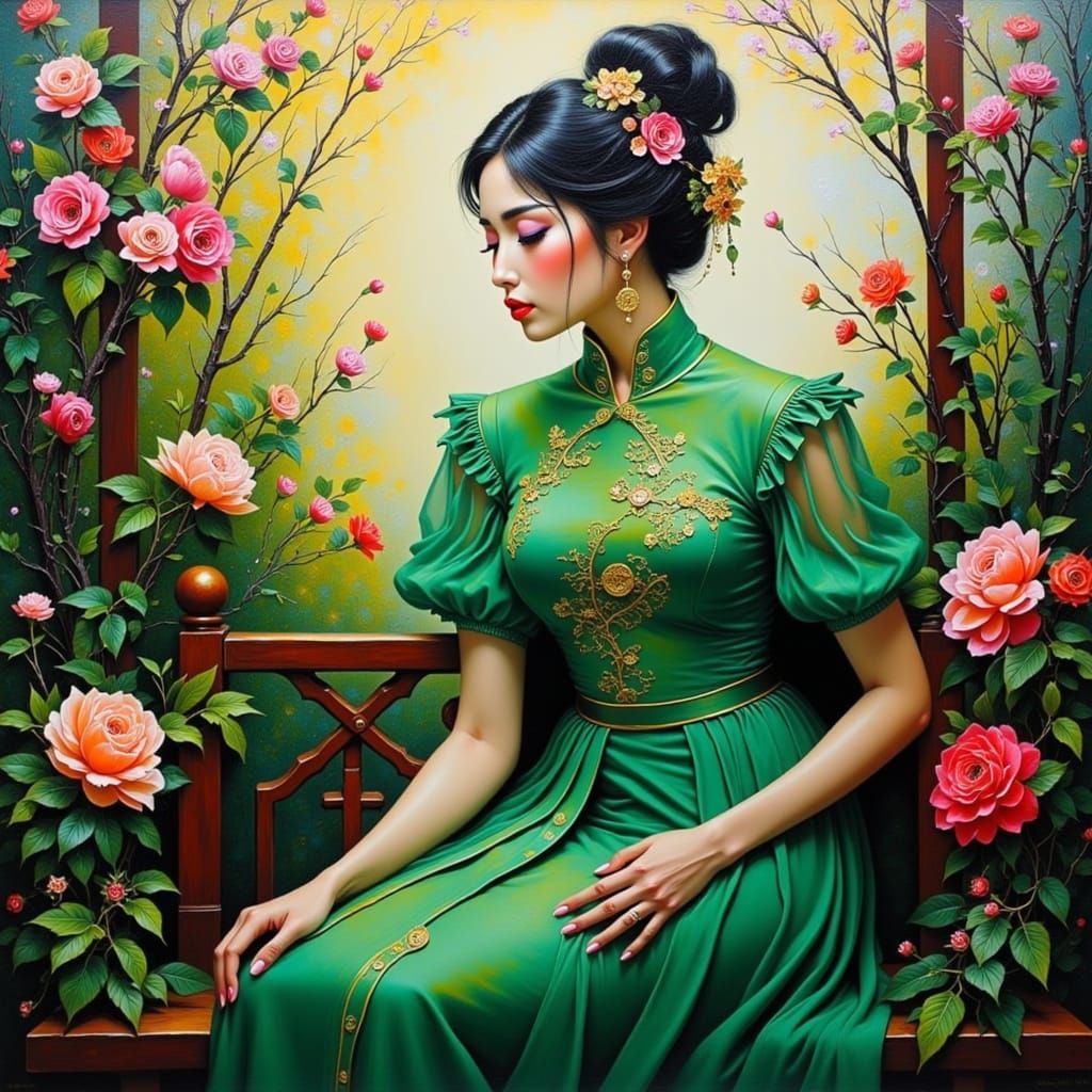 Elegant Asian Woman in Emerald Qipao, Surrounded by Vibrant ...