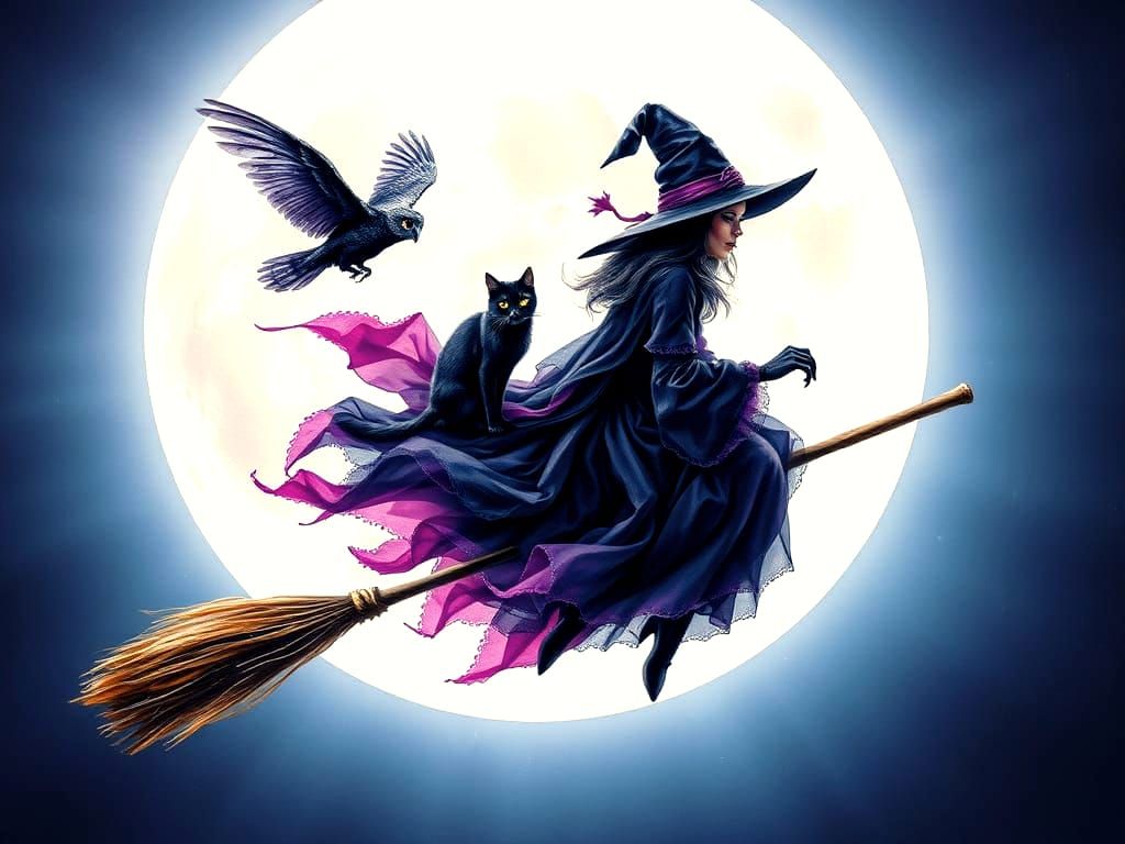 Detailed Watercolor of Witch Flying Past Full Moon