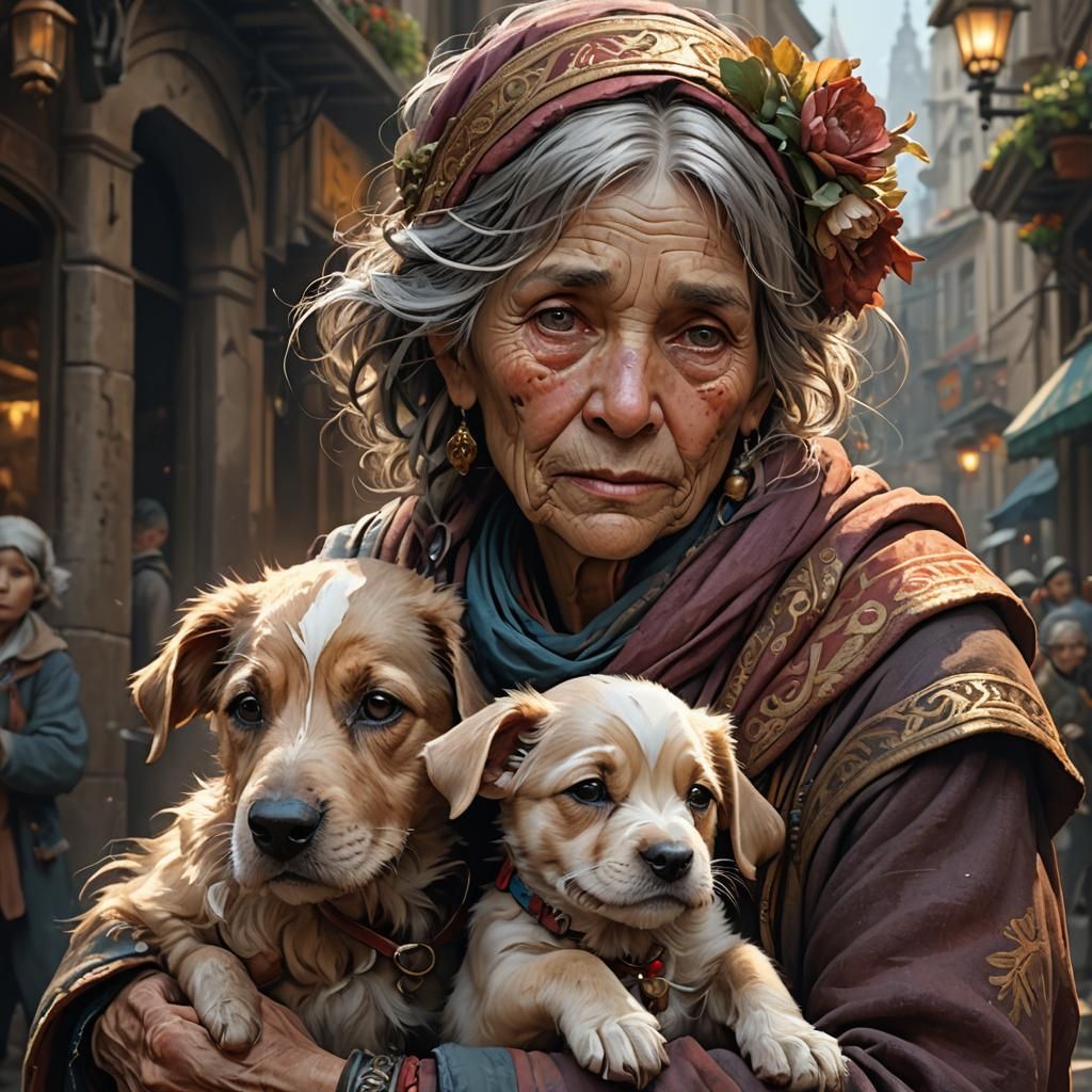 Beggar Lady and Puppies: Detailed Portrait