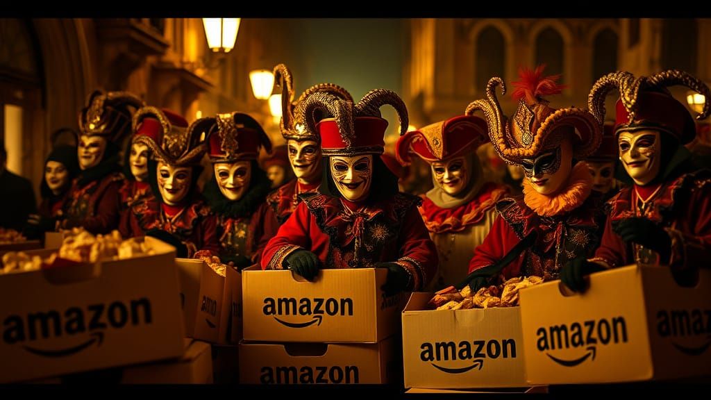 Venetians in Carnival Masks Overflowing Cardboard Boxes