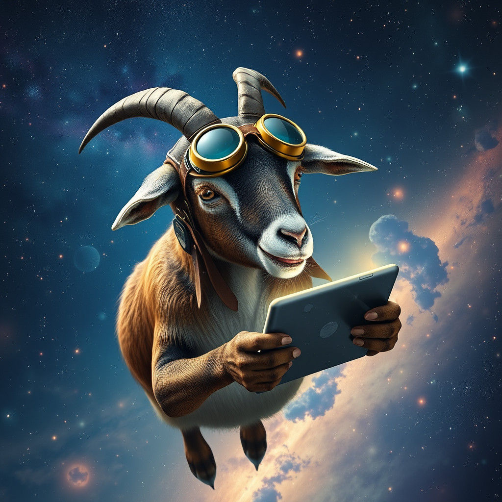 Goat Aviator in Starry Galaxy, Dreamlike Art