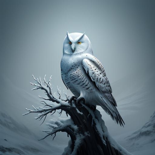 Haunting Snow Owl in Dark Fantasy Landscape