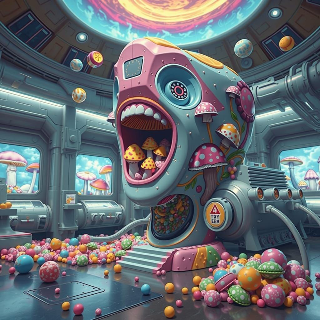 Mushroom Flags in Brutalist Chewing Gum Bunker