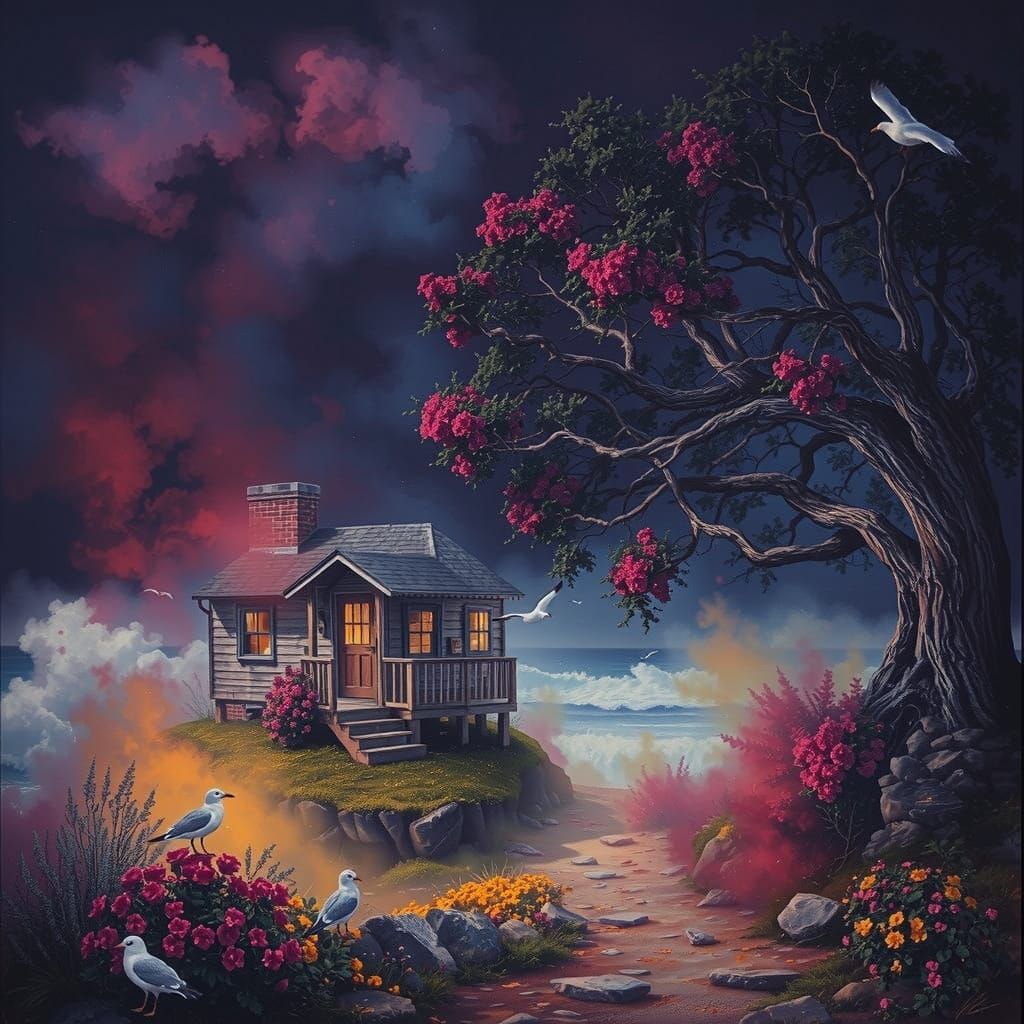 Moonlit Surf Shack Amidst the Misty Coast