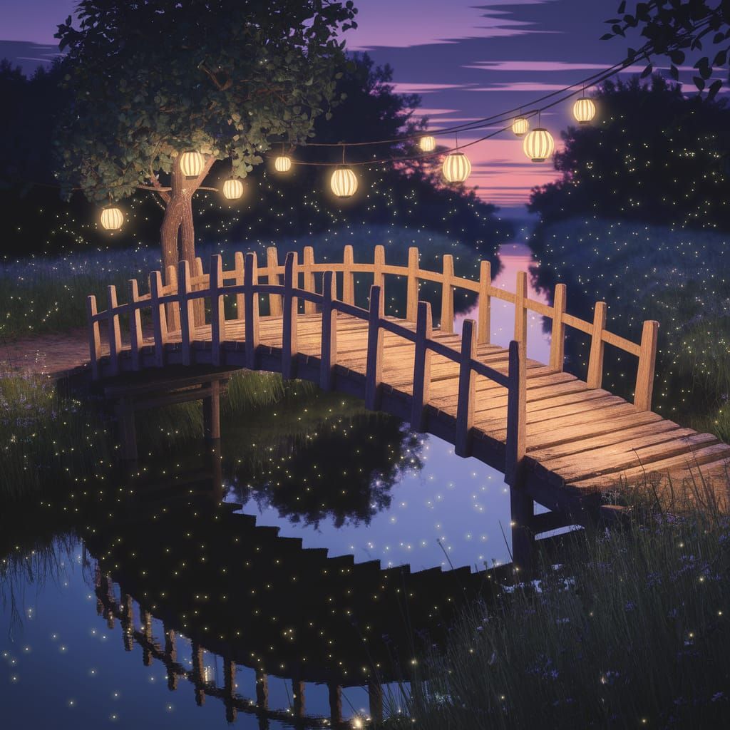 Whimsical Bridge at Twilight, Fireflies Dancing in Golden Gl...
