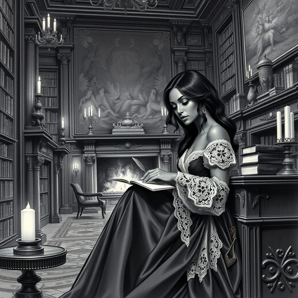 Victorian Woman Writing Love Letter in Opulent Library