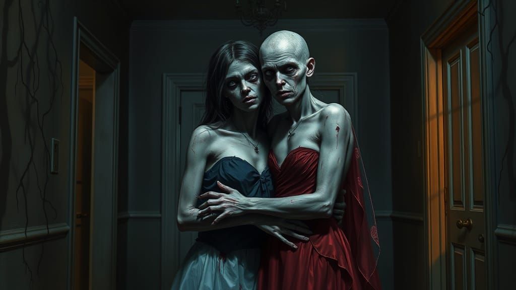 Zombie Prom Couple Embrace in Gothic Fantasy Style