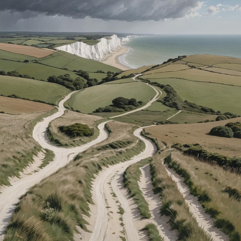Chalk Path Winds Through South Downs in Photorealistic Style
