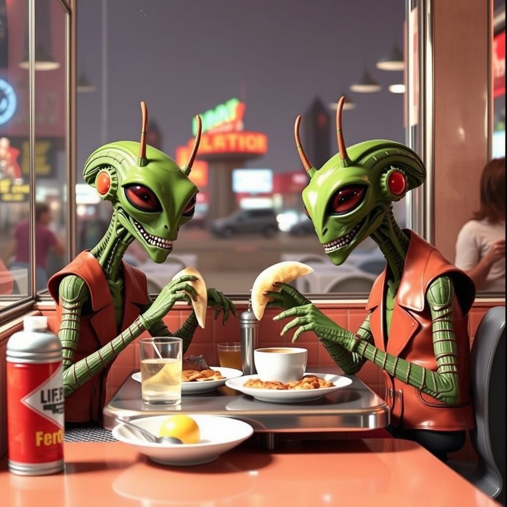 Martians from the movie Mars Attacks at a diner. Enjoying breakfast.