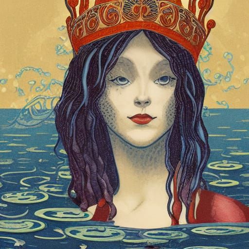 Art Nouveau Mermaid Queen with Water Lilies and Fish