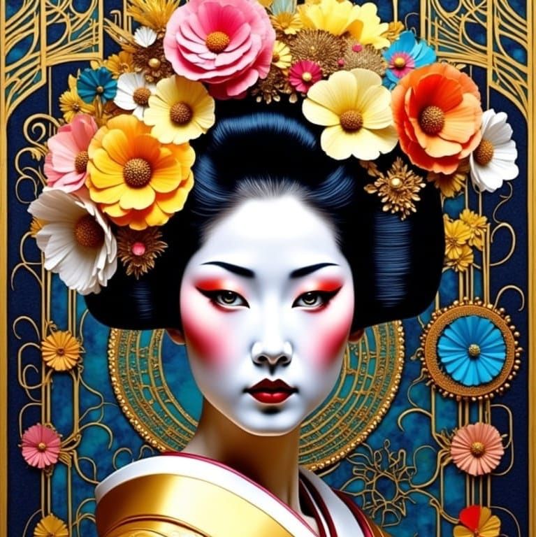 Geisha with Flower Crown in Neo-Impressionist Style