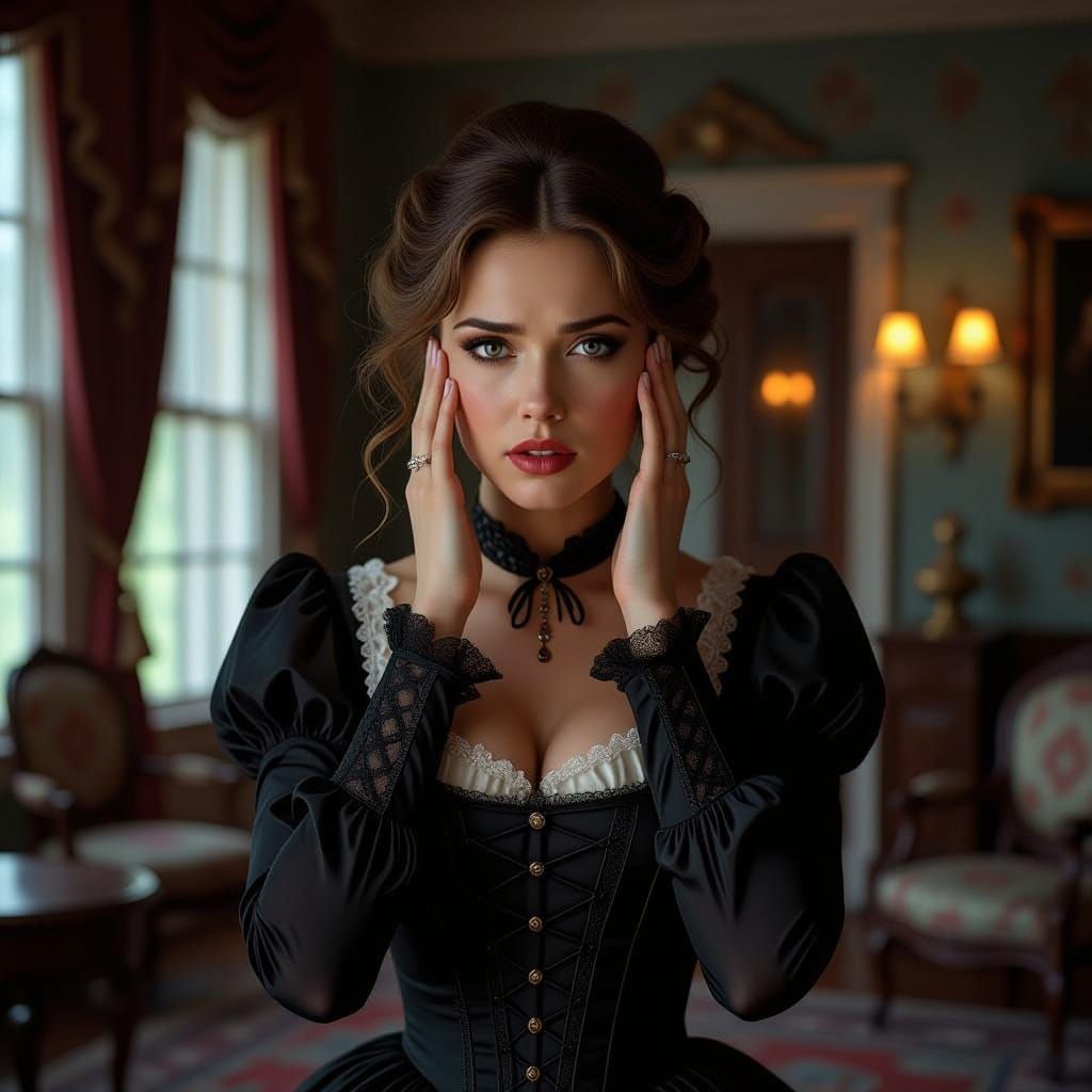 Victorian Lady Covers Ears in Moody Parlor