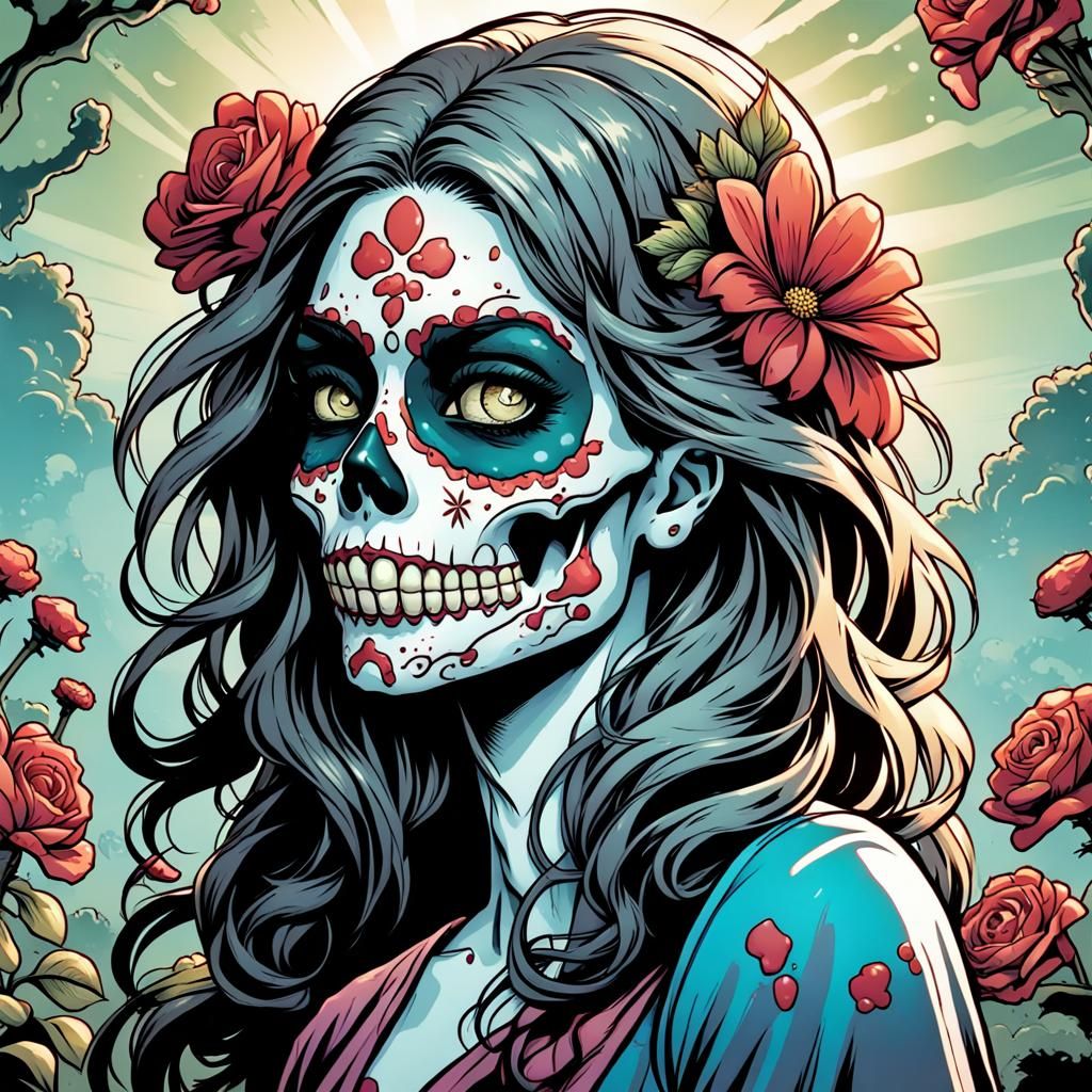 Cartoon Zombie Girl with Sugar Skull Makeup