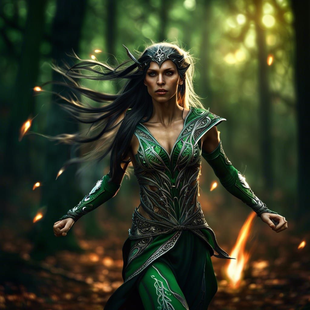 Dark Elf Casting Lightning Spell in Forest